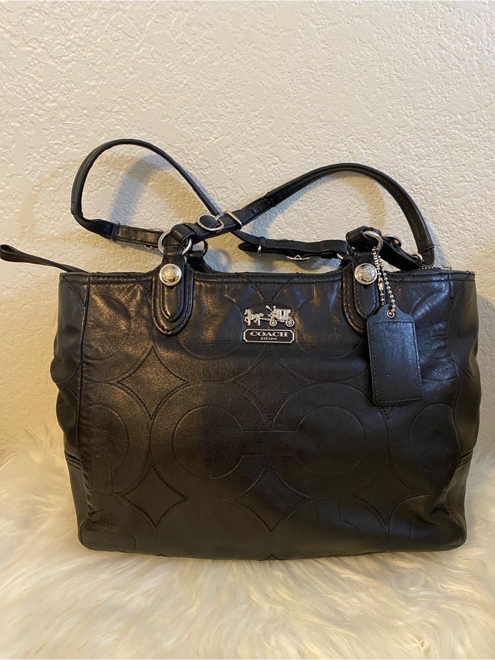 Coach Mia Black Leather Signature Embossed Shoulder Bag EUC